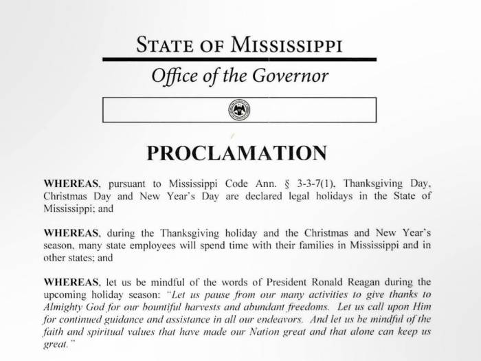 [The official Holiday Proclamation from Office of the Governor from the State of Mississippi]